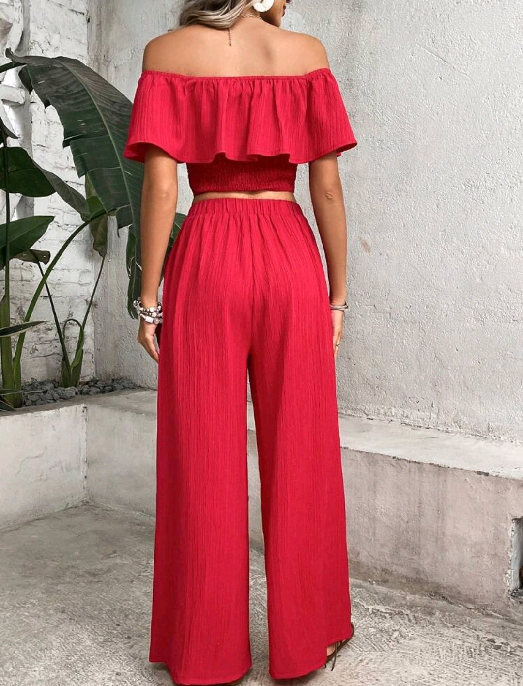 Elena Off Shoulder Ruffle Wide Leg Pants Set Summer Mensa
