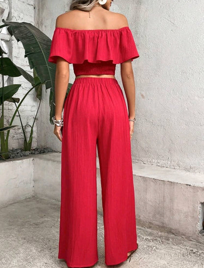 Elena Off Shoulder Ruffle Wide Leg Pants Set Summer Mensa
