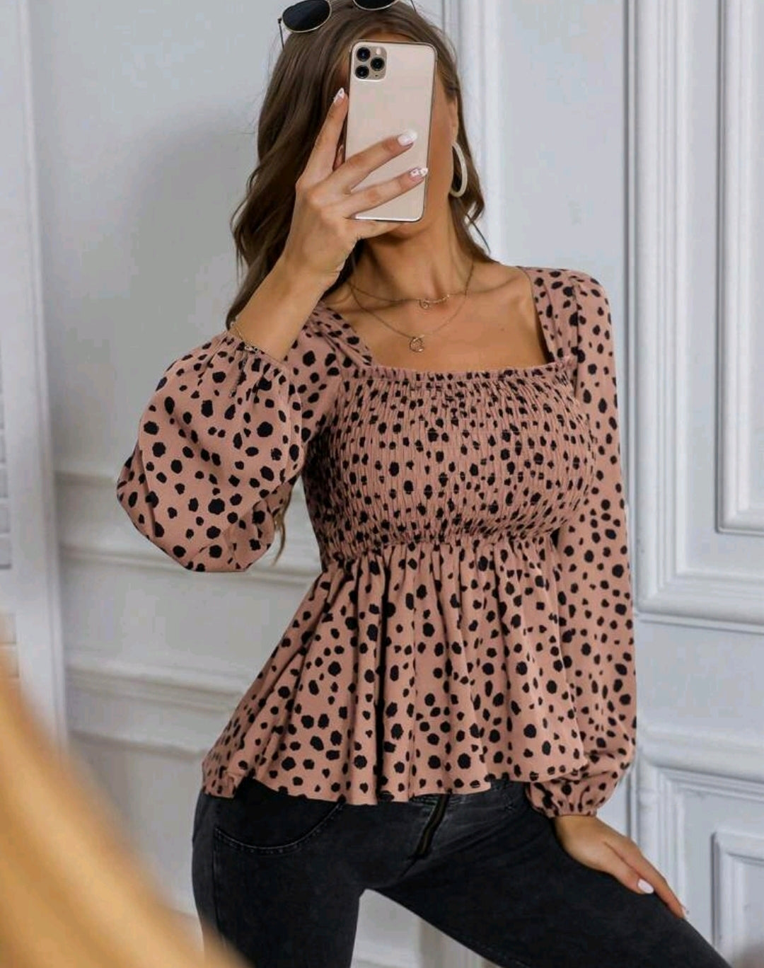 Emma Beige Polka Dot Square Neck Peplum Top Summer Mensa