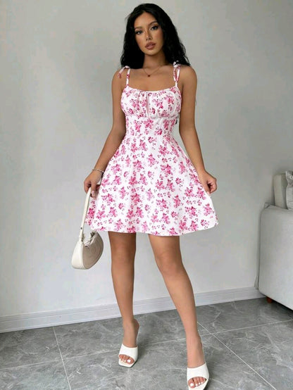 Mia White Floral Tie Strap Smocked Mini Dress Summer Mensa