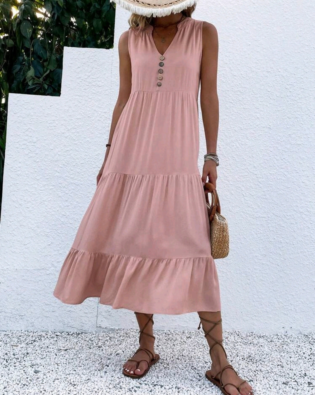 Luna Smocked V-Neck Tiered Ruffle Midi Dress Summer Mensa