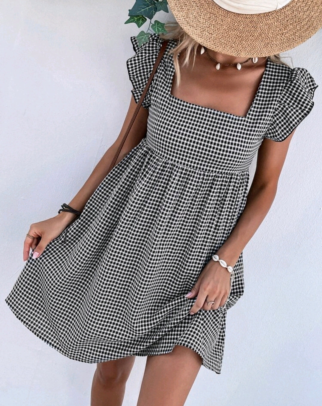 Elena Gingham Square Neck Flutter Sleeve Midi Dress Summer Mensa