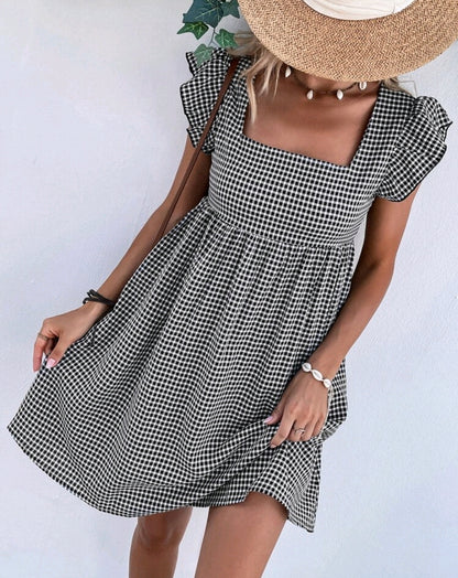 Elena Gingham Square Neck Flutter Sleeve Midi Dress Summer Mensa