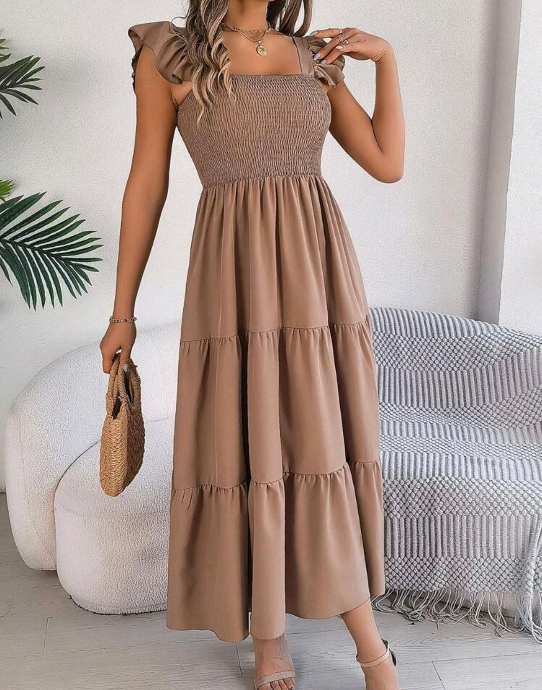 Olivia Taupe Smocked Square Neck Tiered Midi Dress Mensa