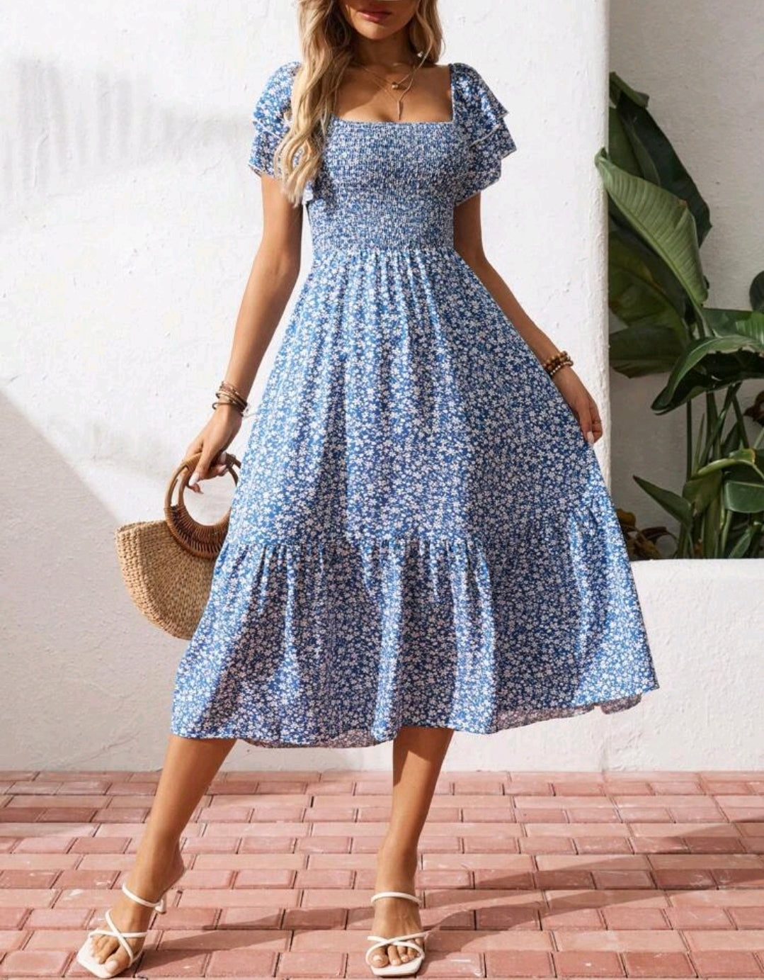 Mia Floral Smocked Square Neck Tiered Midi Dress Mensa