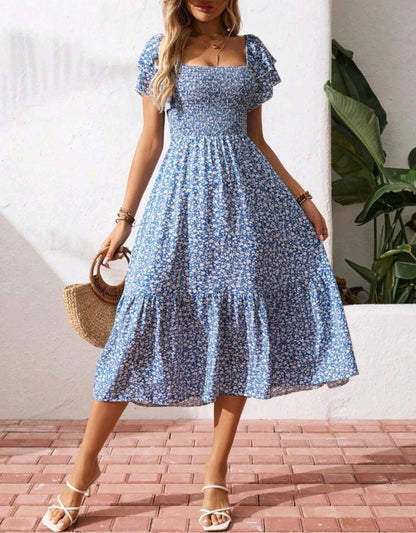 Mia Floral Smocked Square Neck Tiered Midi Dress Mensa