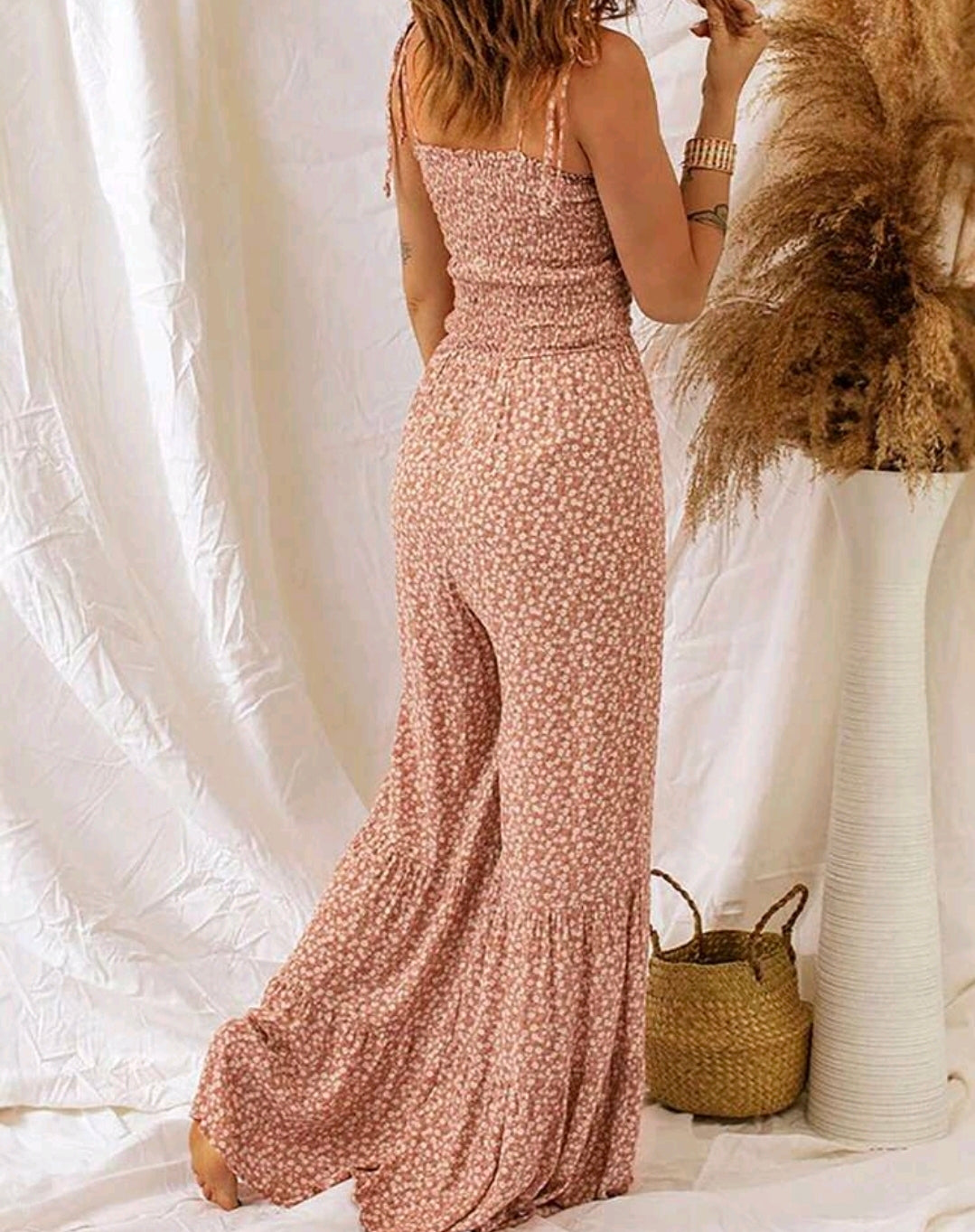 Mia Pink Floral Smocked Wide Leg Jumpsuit Summer Mensa
