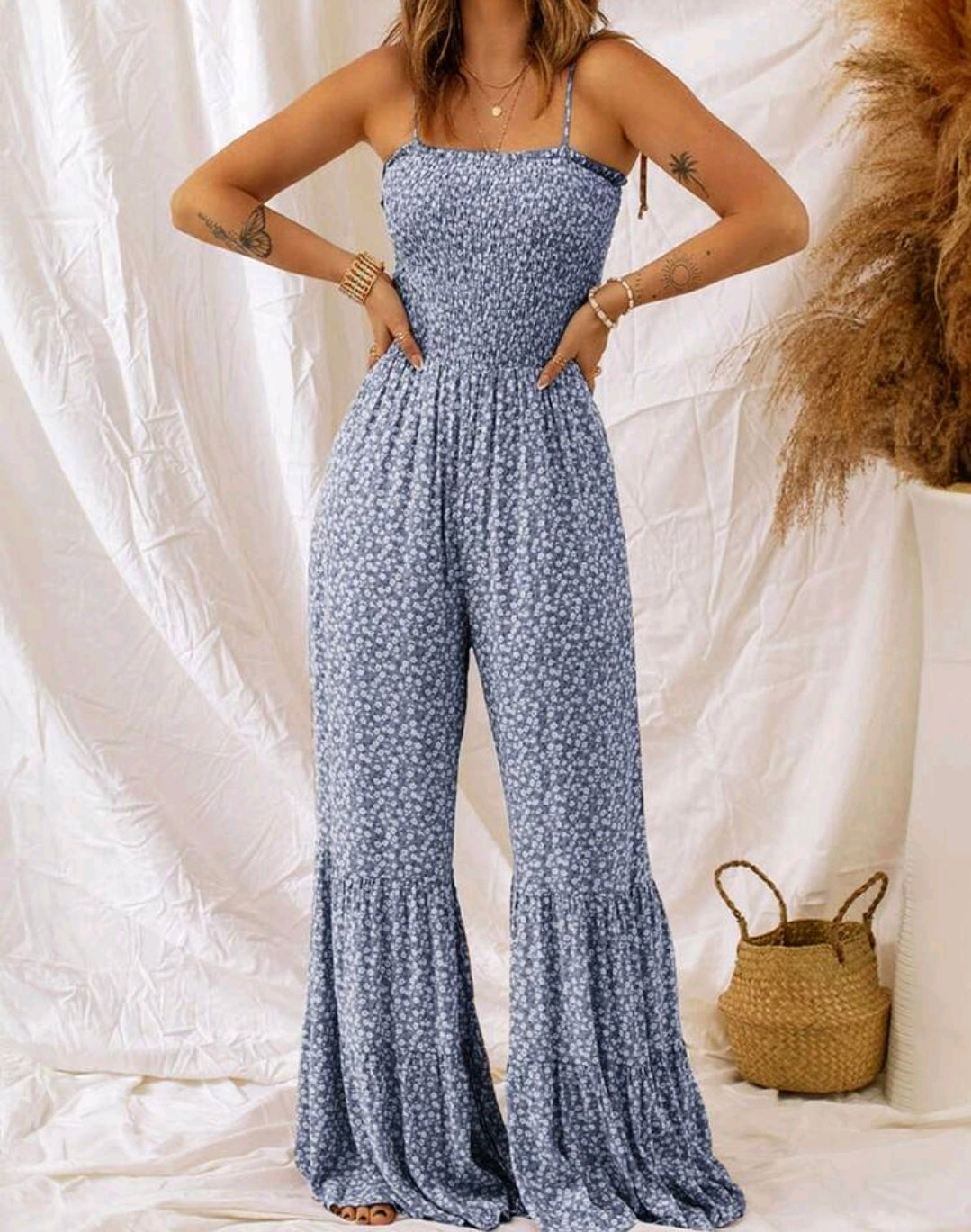 Elena Blue Floral Smocked Wide Leg Jumpsuit Summer Mensa