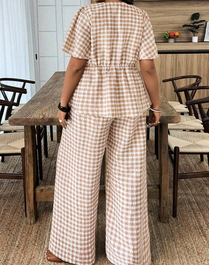 Sophia Gingham Peplum Wide Leg Pants Set Summer Mensa