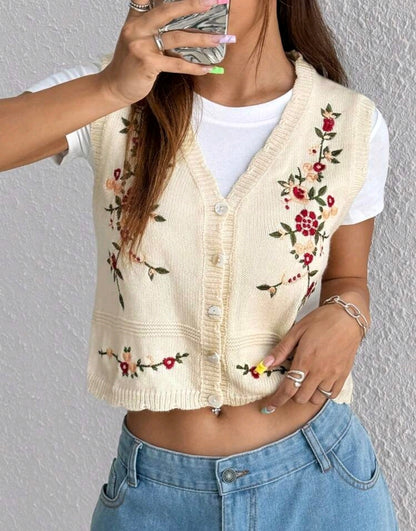 Floral Embroidered Button Knit Vest Mensa