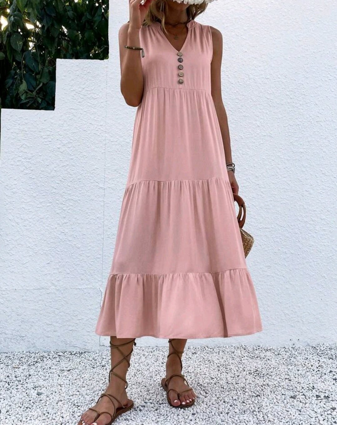 Luna Smocked V-Neck Tiered Ruffle Midi Dress Summer Mensa
