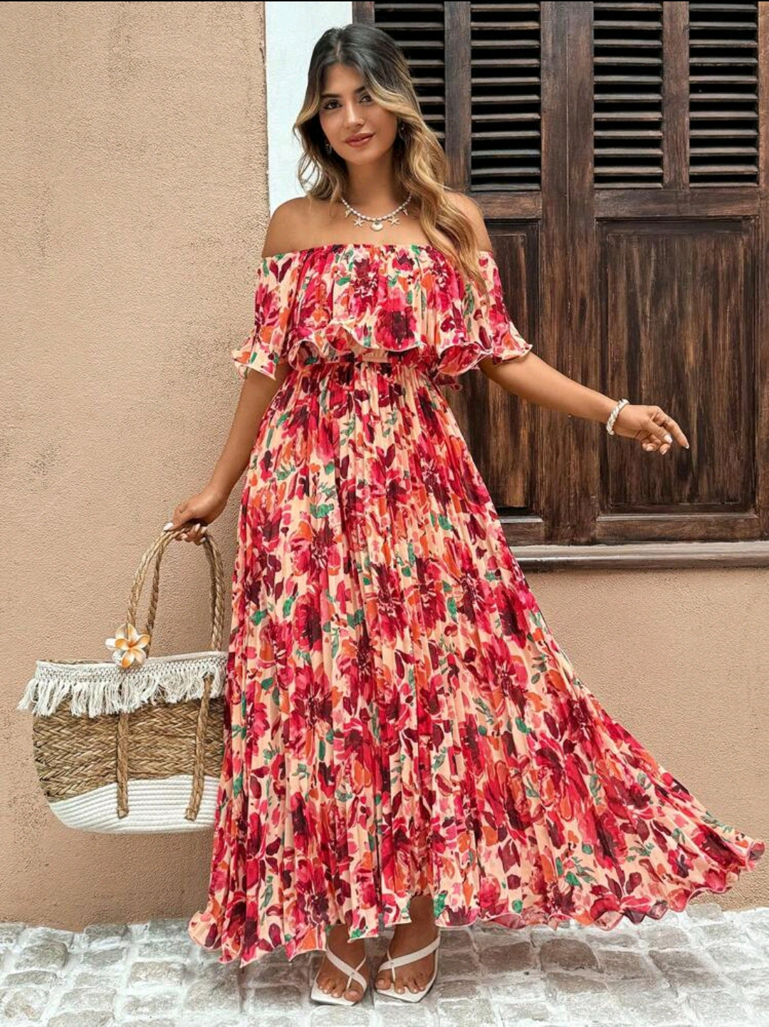 Isabella Red Floral Off Shoulder Ruffle Maxi Dress Summer Mensa