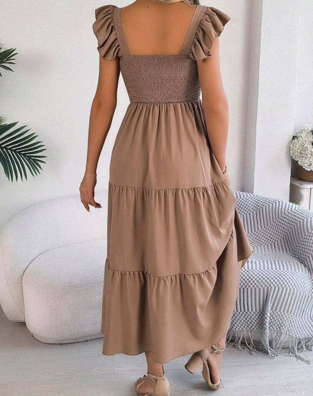Olivia Taupe Smocked Square Neck Tiered Midi Dress Mensa