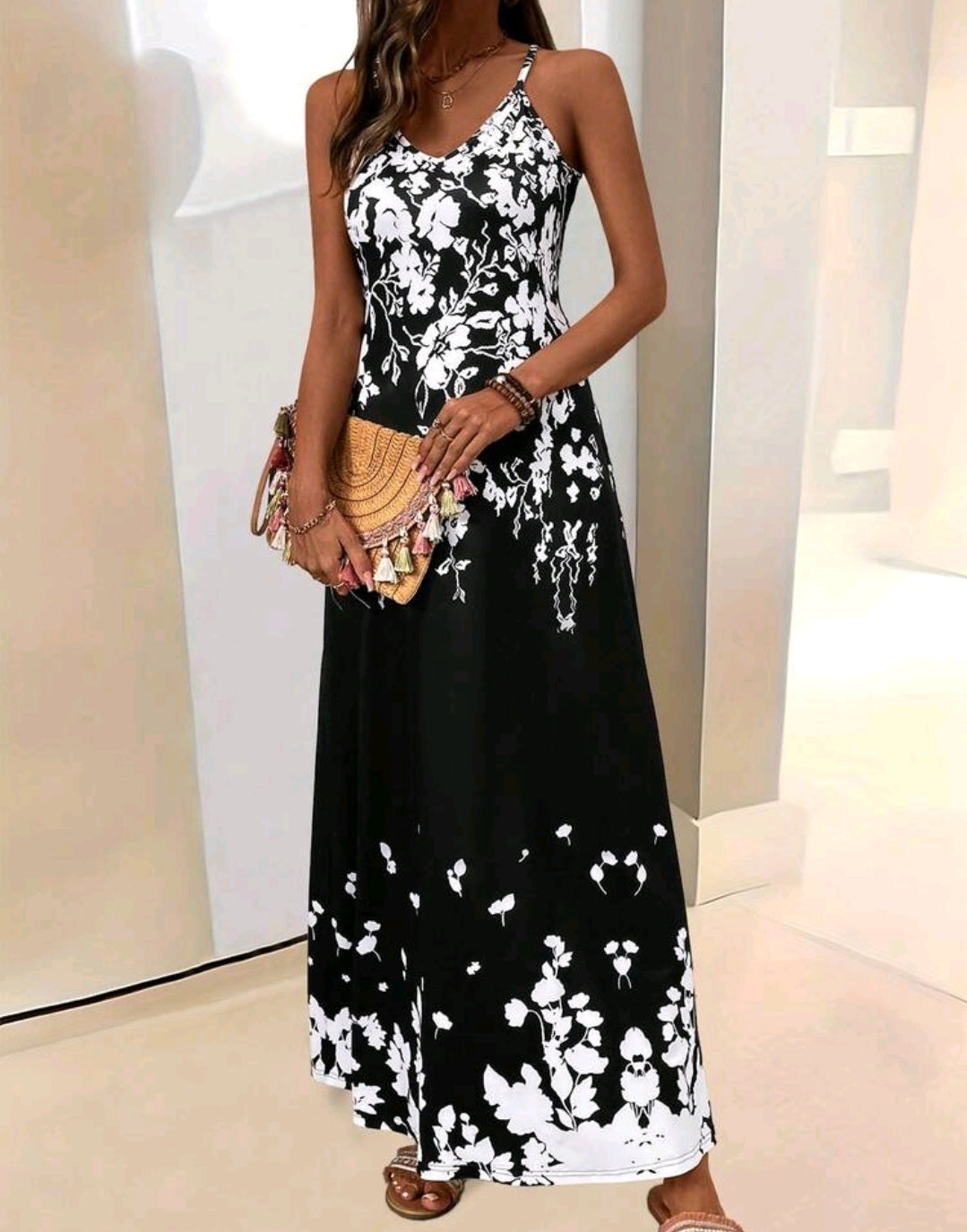 Sophia Floral Spaghetti Strap V-Neck Midi Dress Summer Mensa