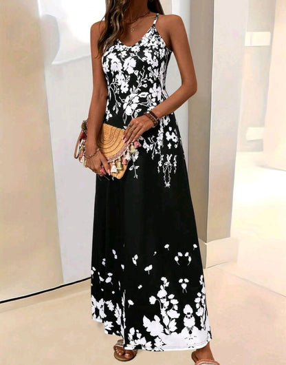 Sophia Floral Spaghetti Strap V-Neck Midi Dress Summer Mensa