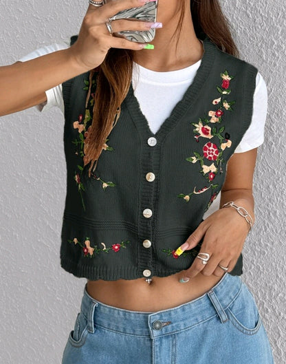 Floral Embroidered Button Knit Vest Mensa