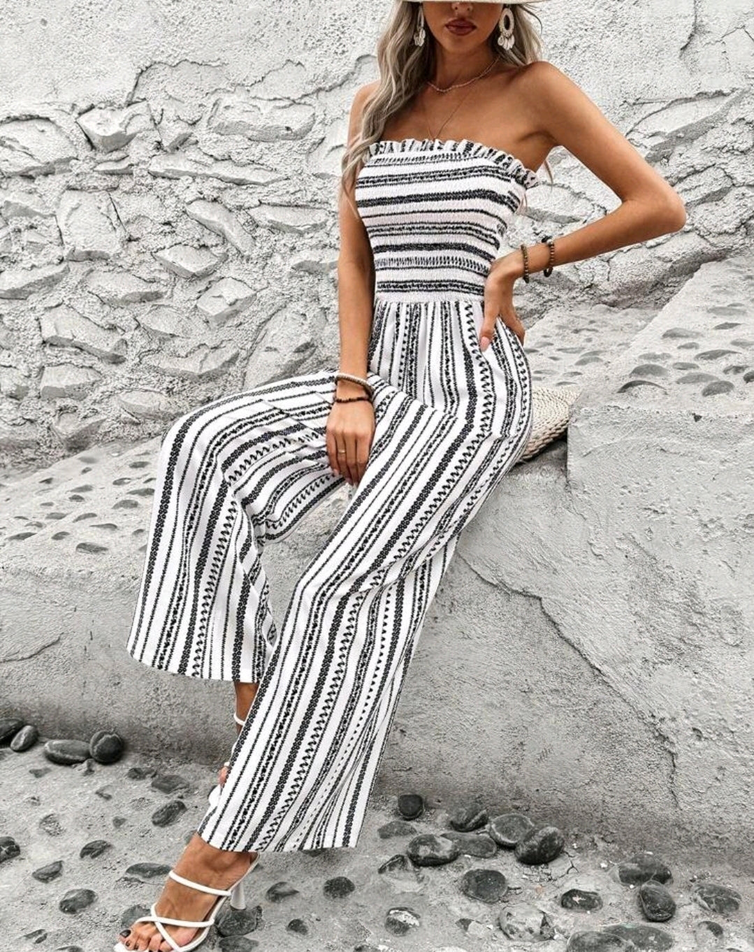 Aria White Striped Smocked Strapless Wide Leg Jumpsuit Summer Mensa