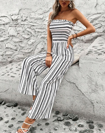 Aria White Striped Smocked Strapless Wide Leg Jumpsuit Summer Mensa