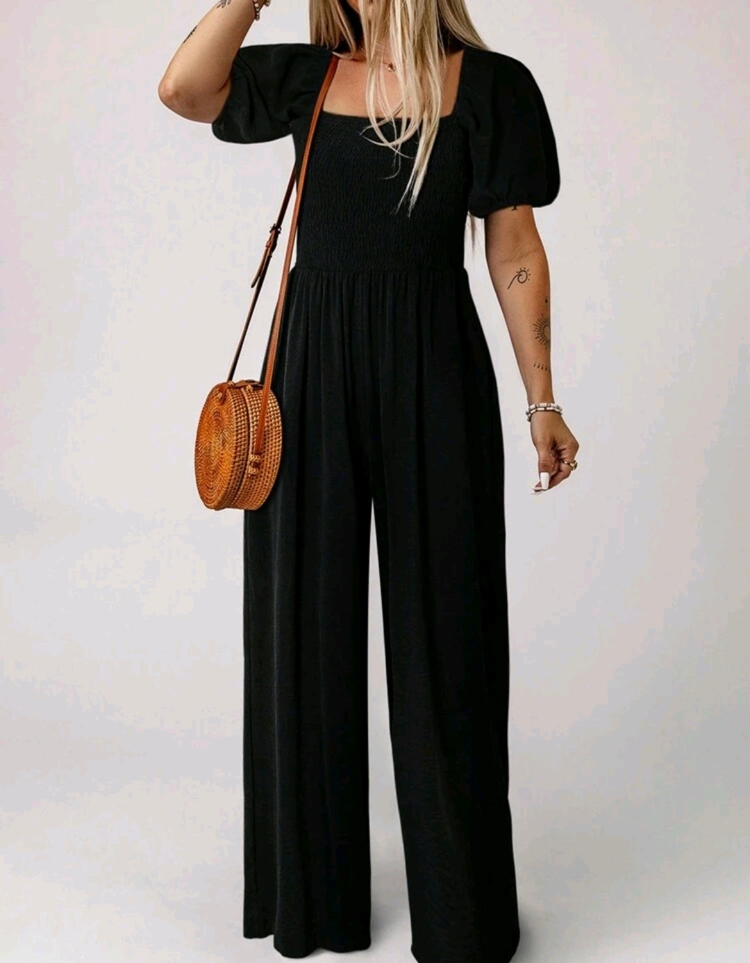 Black Square Neck Smocked Wide Leg Jumpsuit Summer Mensa
