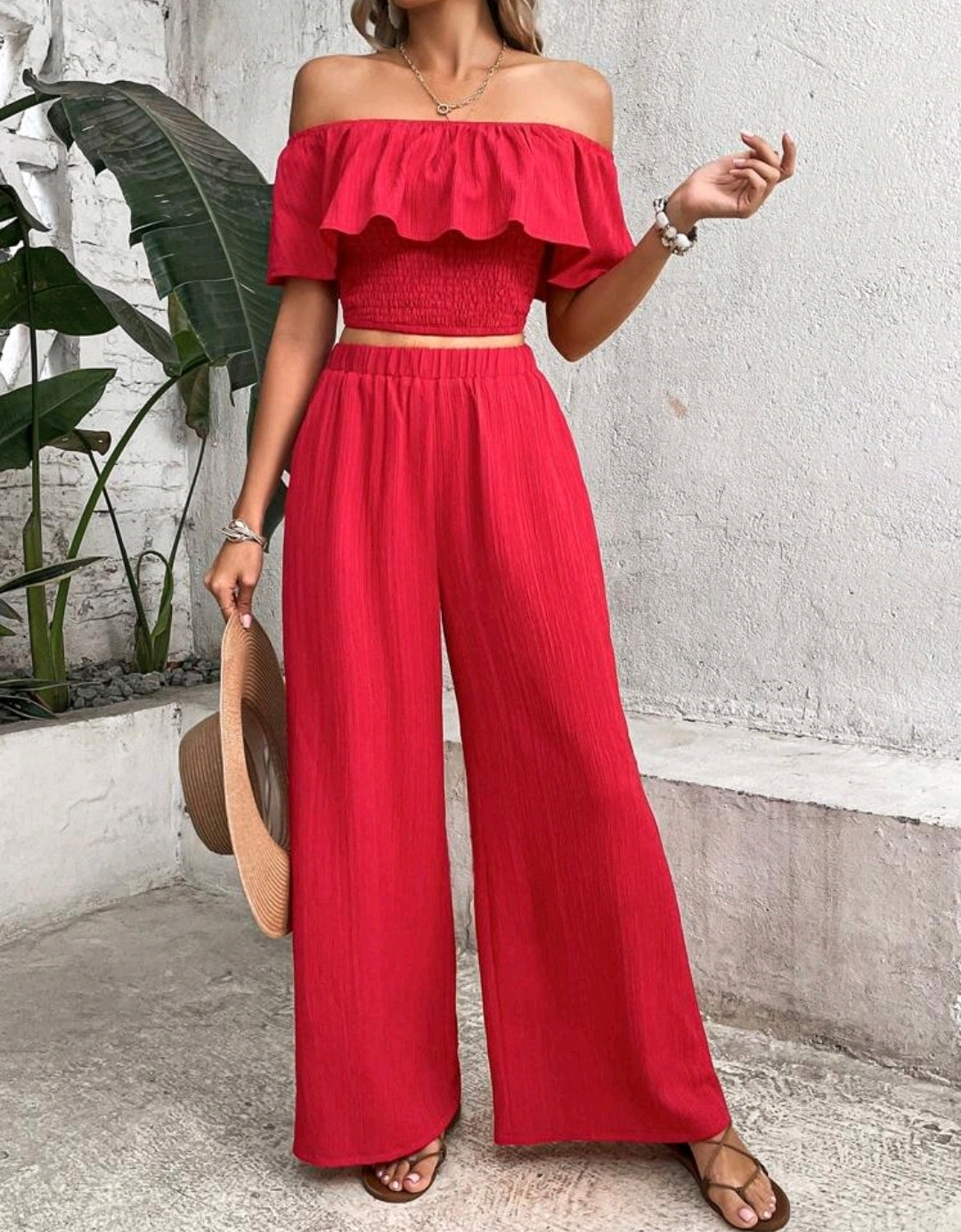 Elena Off Shoulder Ruffle Wide Leg Pants Set Summer Mensa