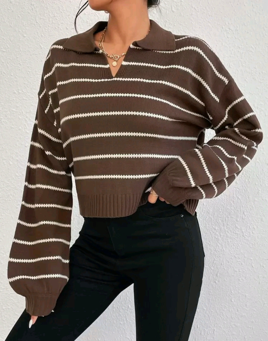 Liora Striped Drop-Shoulder Polo Knit Sweater Fall Mensa
