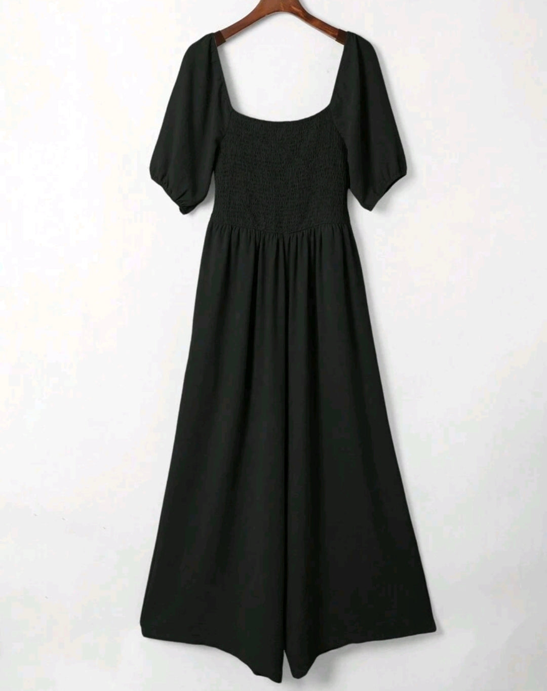 Black Square Neck Smocked Wide Leg Jumpsuit Summer Mensa