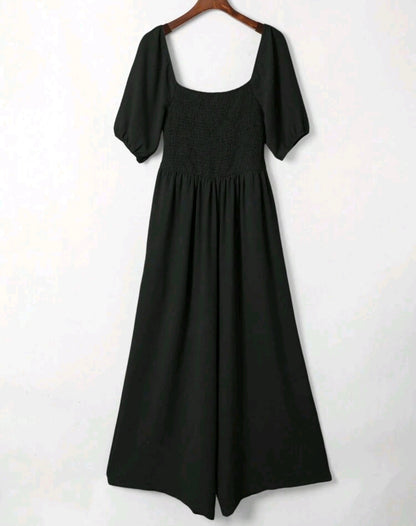 Black Square Neck Smocked Wide Leg Jumpsuit Summer Mensa