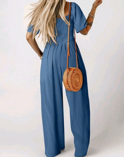 Isabella Square Neck Smocked Wide Leg Jumpsuit Summer Mensa