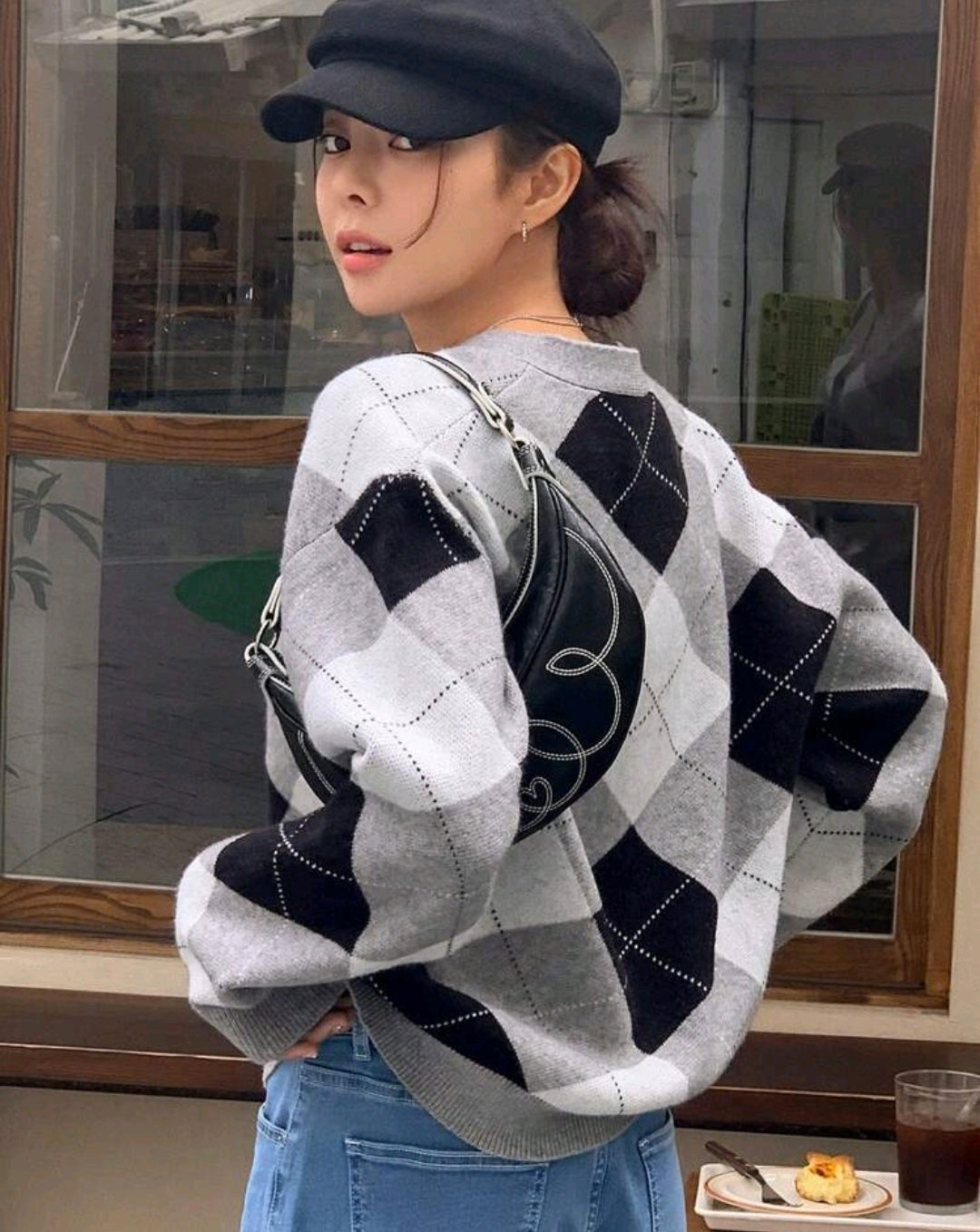 Noelle Argyle Knit Cardigan Grey Fall Mensa