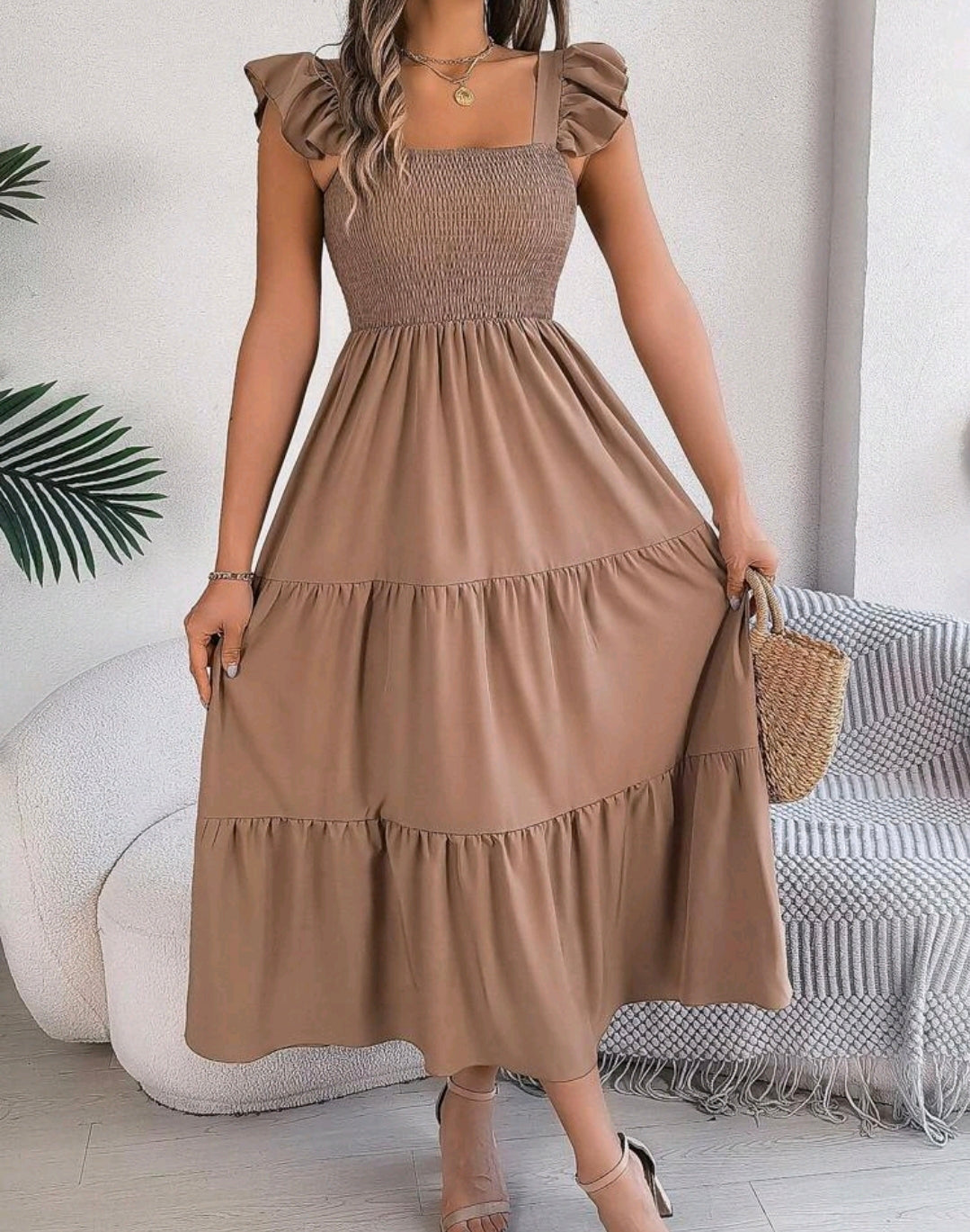 Olivia Taupe Smocked Square Neck Tiered Midi Dress Mensa