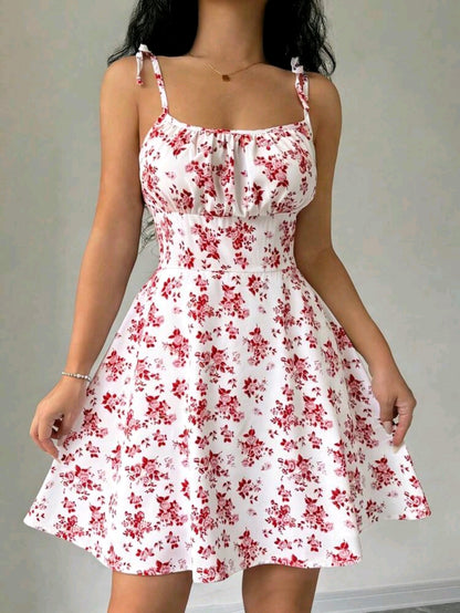 Mia White Floral Tie Strap Smocked Mini Dress Summer Mensa