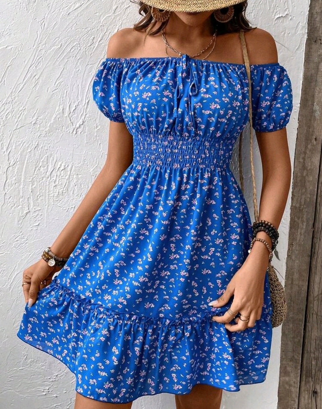 Ava Floral Off Shoulder Smocked Mini Dress Summer Mensa