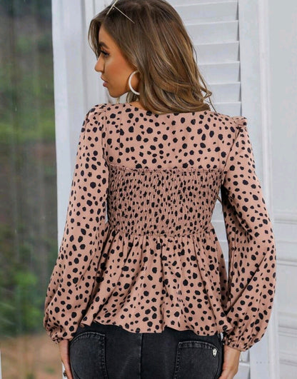 Emma Beige Polka Dot Square Neck Peplum Top Summer Mensa