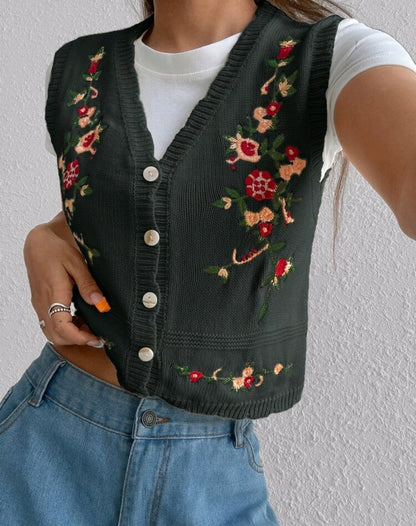 Floral Embroidered Button Knit Vest Mensa