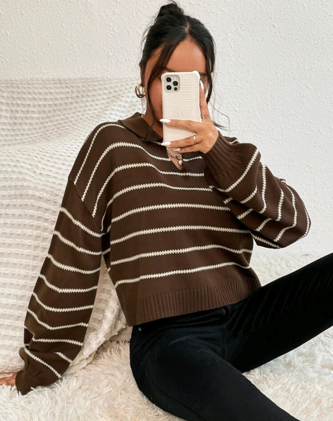 Liora Striped Drop-Shoulder Polo Knit Sweater Fall Mensa