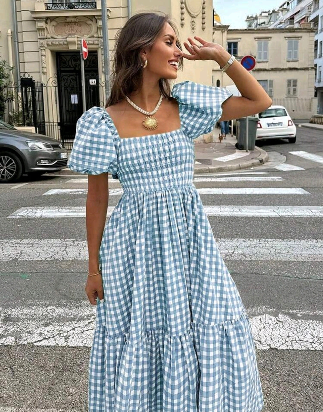 Mia Gingham Smocked Square Neck Tiered Maxi Dress Summer Mensa