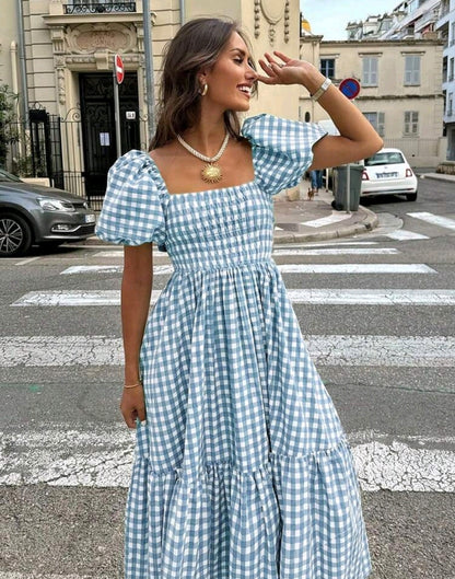 Mia Gingham Smocked Square Neck Tiered Maxi Dress Summer Mensa