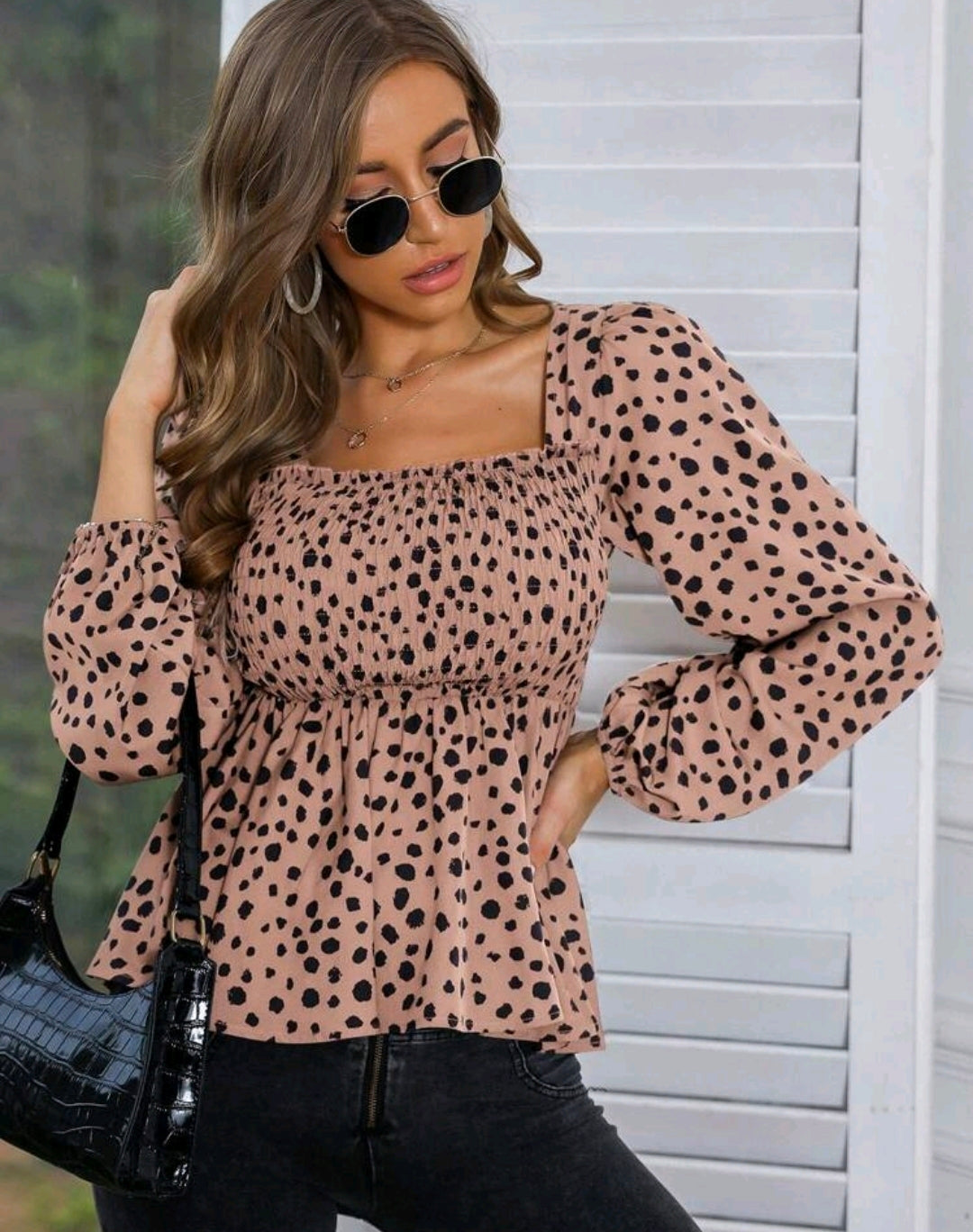 Emma Beige Polka Dot Square Neck Peplum Top Summer Mensa