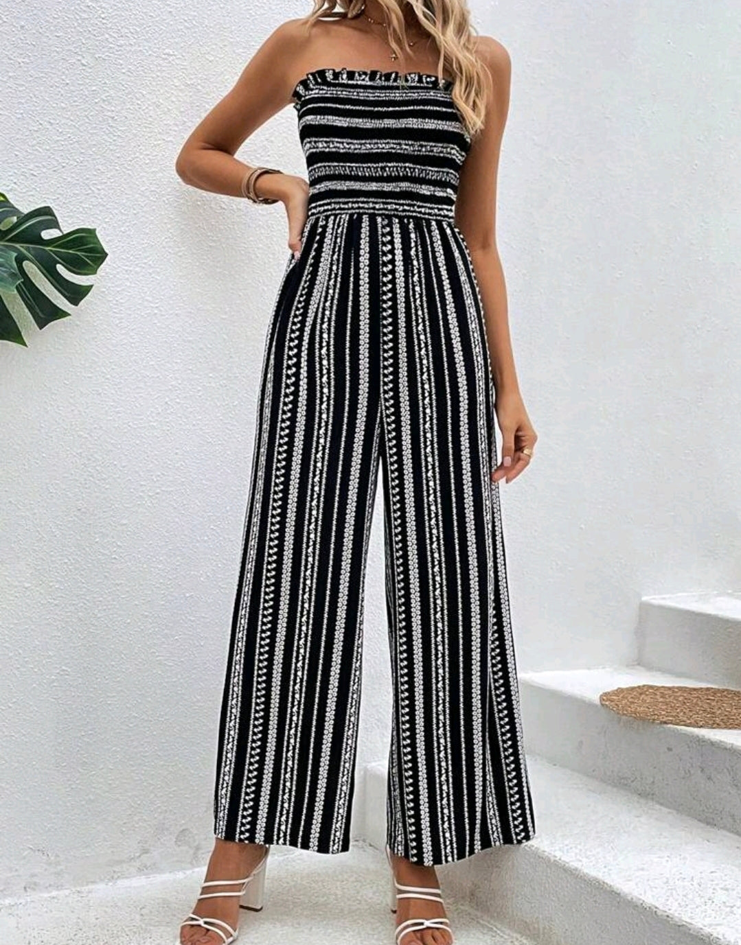 Sophia Black Striped Smocked Strapless Wide Leg Jumpsuit Summer Mensa