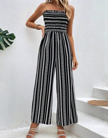 Sophia Black Striped Smocked Strapless Wide Leg Jumpsuit Summer Mensa