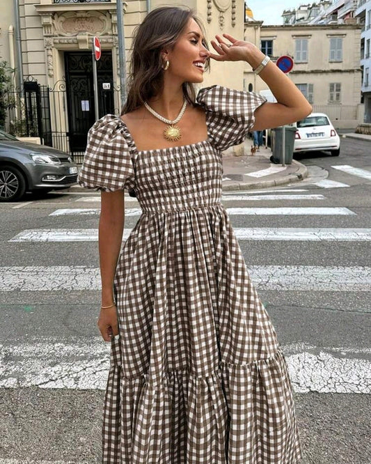 Isabella Gingham Square Neck Puff Sleeve Maxi Dress Summer Mensa