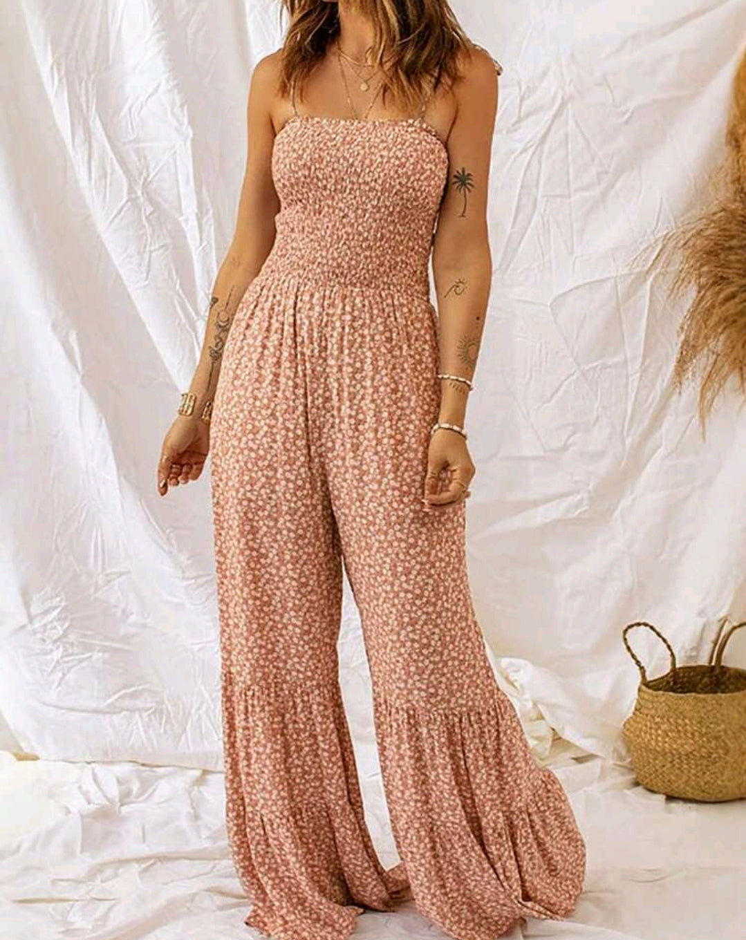 Mia Pink Floral Smocked Wide Leg Jumpsuit Summer Mensa