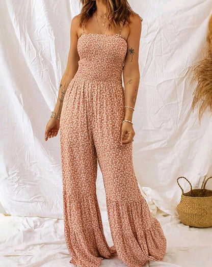 Mia Pink Floral Smocked Wide Leg Jumpsuit Summer Mensa