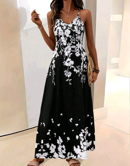 Sophia Floral Spaghetti Strap V-Neck Midi Dress Summer Mensa