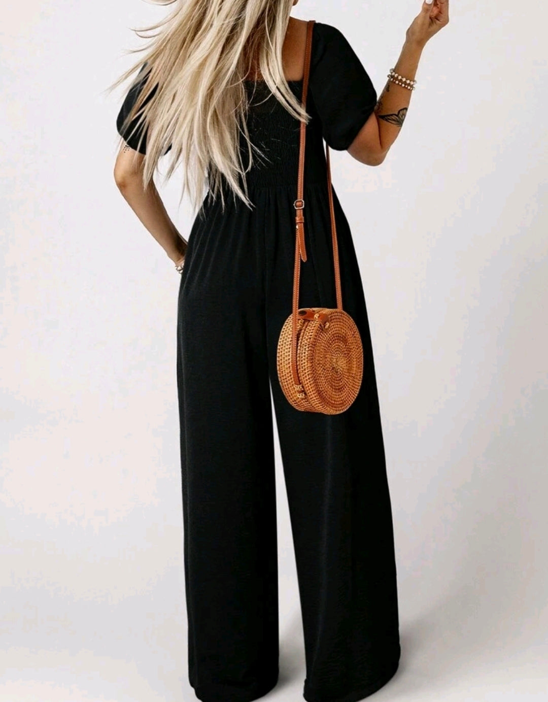 Black Square Neck Smocked Wide Leg Jumpsuit Summer Mensa