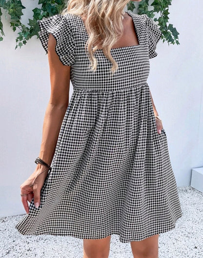Elena Gingham Square Neck Flutter Sleeve Midi Dress Summer Mensa