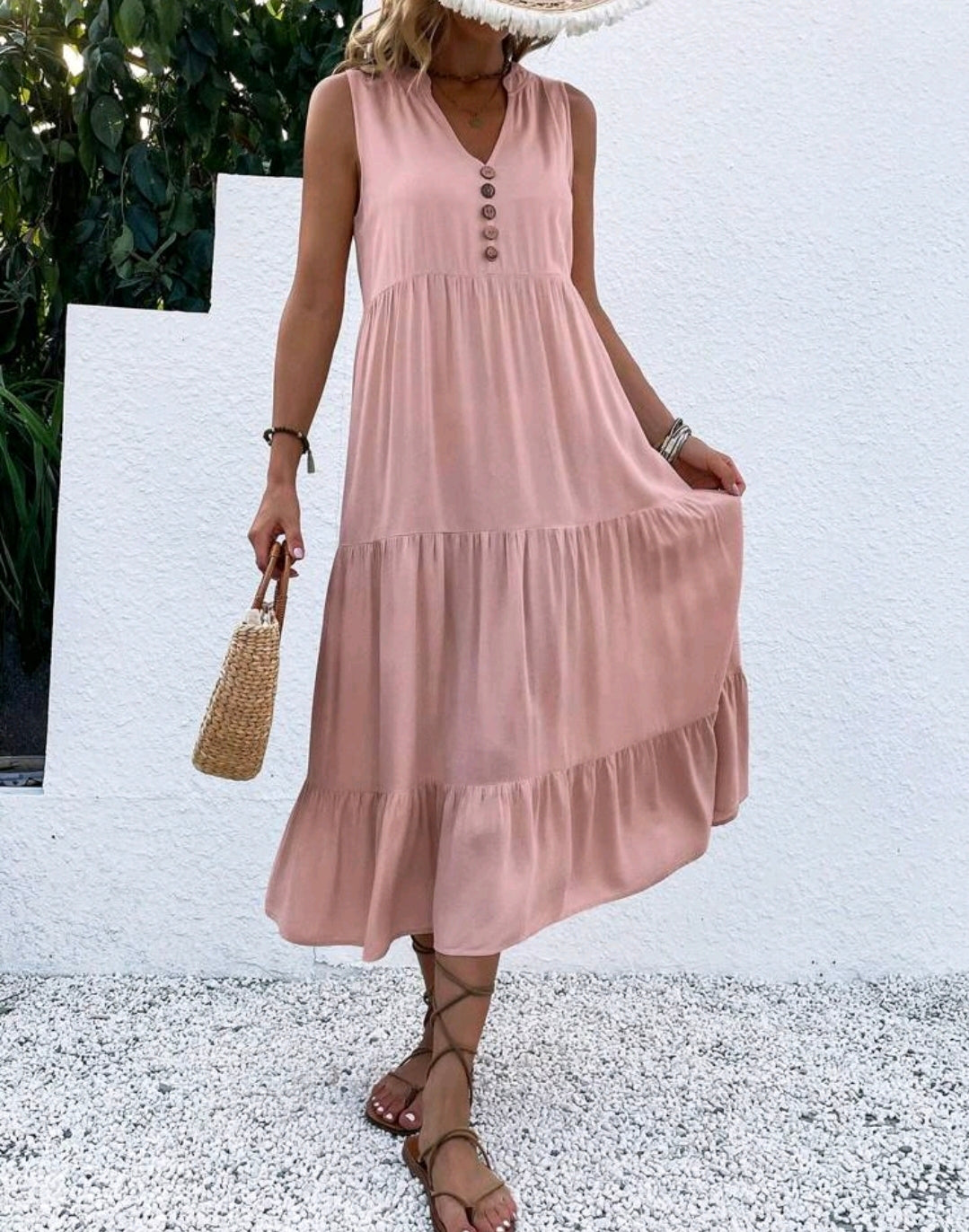 Luna Smocked V-Neck Tiered Ruffle Midi Dress Summer Mensa
