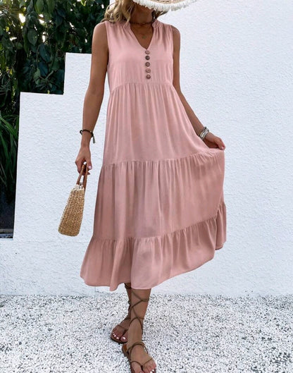 Luna Smocked V-Neck Tiered Ruffle Midi Dress Summer Mensa
