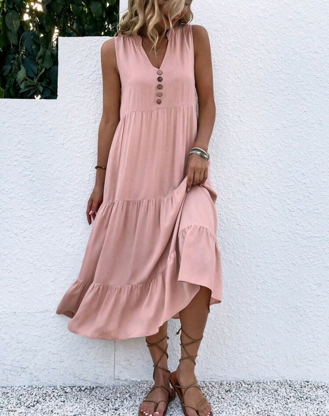 Luna Smocked V-Neck Tiered Ruffle Midi Dress Summer Mensa