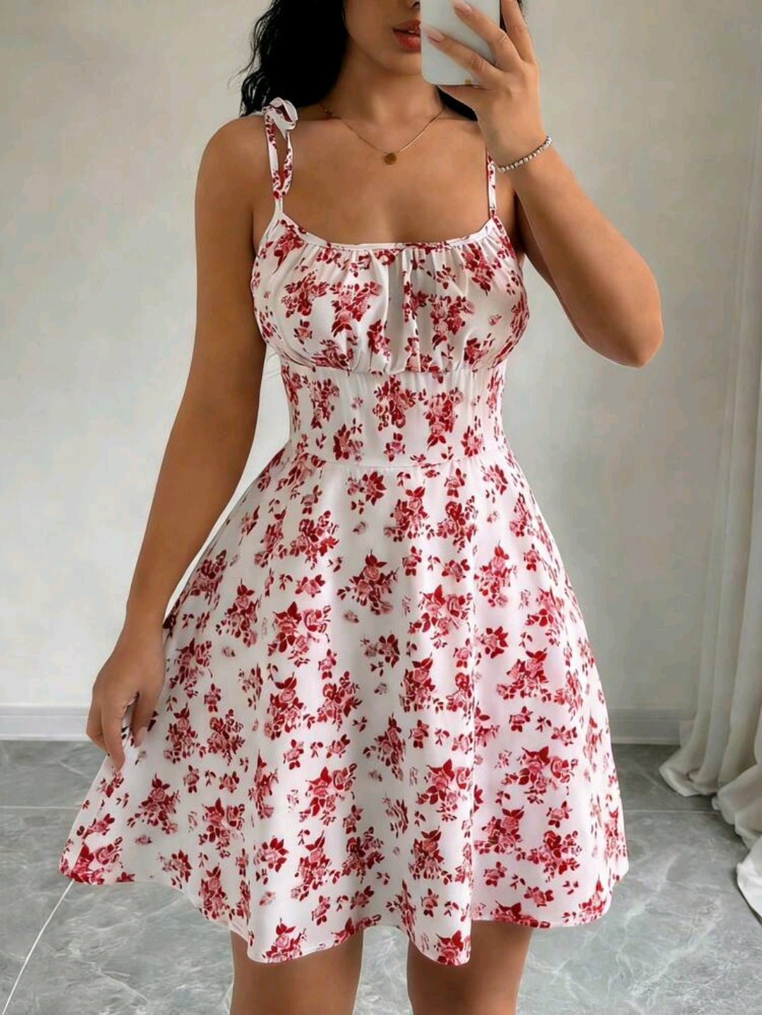 Mia White Floral Tie Strap Smocked Mini Dress Summer Mensa